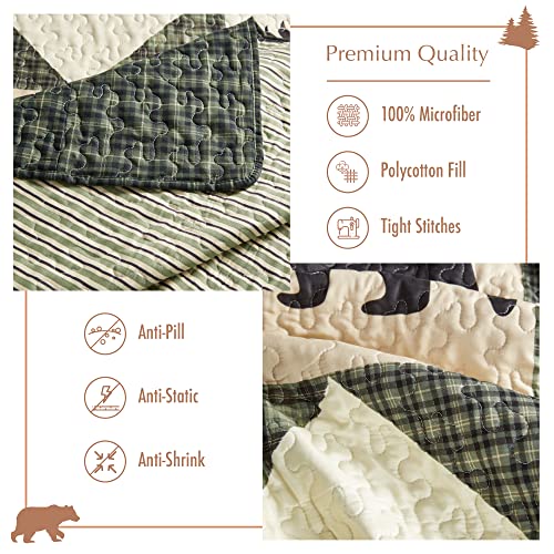 Virah Bella 3 Piece King Lodge Quilt Bedding Set - Bear Star - Rustic Cabin Country Reversible Camping Comforter Set With Decorative Pillow Shams, Green/White #TOP3