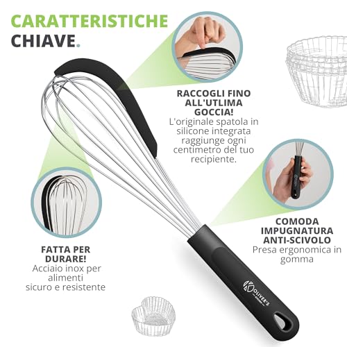 Frusta da Cucina Oliver's Kitchen – Frusta a Mano in Acciaio Inox con Spatola in Silicone Anti-Sprechi – Ideale per Dolci, Uova e Qualunque Altra Preparazione – Impugnatura Ergonomica - immagine 4