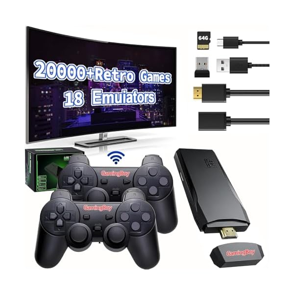 GamingBoy Wireless Retro Game Console Stick, Upgrade Retro Video Gaming Stick Built in 20000+ Games with 18 Emulators, 4K HDMI Output with 2 Pack 2.4G Wireless Controllers for Nostalgia Gifts （64GB）