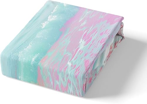 Miniatura 5 de Manfei Pink Beach - Juego de sábanas bajeras de tamaño individual, funda de cama espumosa transparente de olas marinas turquesa y azul océano, juego