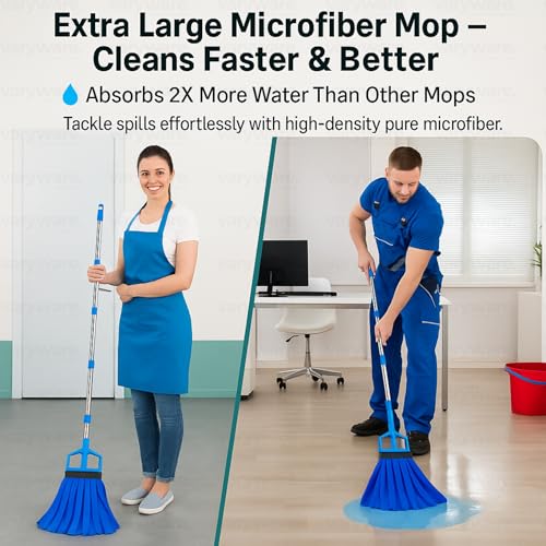 Image of Microfiber Mop with Heavy-Duty 4-Part Stainless Steel Handle - Washable Refill, 38cm Long Threads, for Wet & Dry Cleaning of Tile, Wooden & Marble Floors (Blue, Full Set)