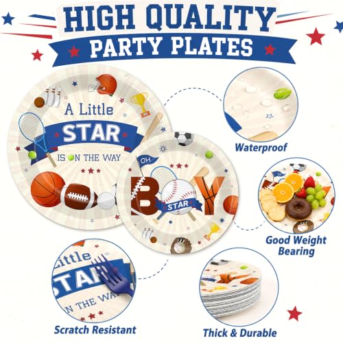 Image of 96Pcs Sports Baby Shower Party Decoration A Little Star Is on the Way Paper Plates and Napkin Football Soccer Volleyball Theme Tableware Set Sport Party Supplies for Baby Shower Birthday Kids Serve 24