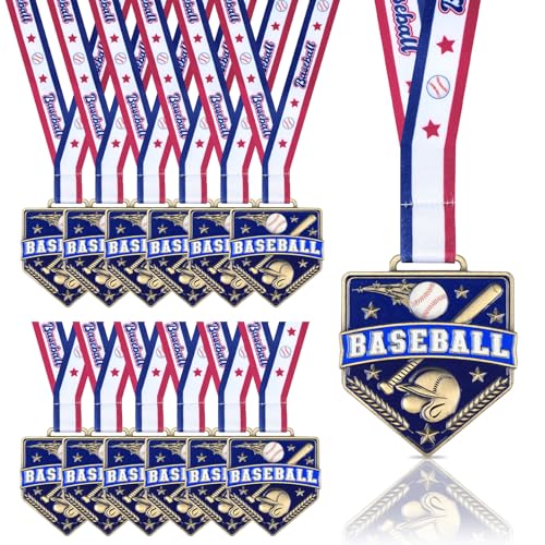 Archerest 12 Pcs 2.56 Baseball Medals Bulk with Neck Ribbon 3D Winner Team Awards for Sports Party Favors Gift Adults Trophy Award for Prize T-Ball Softball Baseball Game
