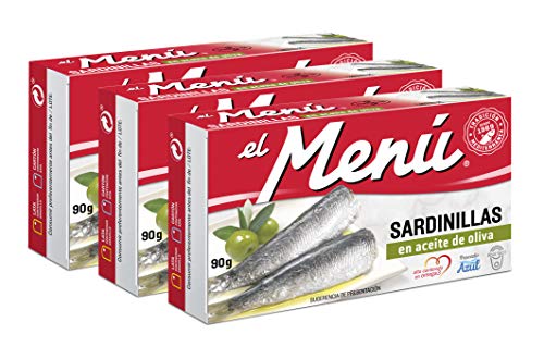 El Menu Mediterranean Canned Baby Sardine Fillets with Omega-3 in Olive Oil – 3.17 Ounces or 90 Grams (Pack of 3) El Menu Mediterranean Canned Baby Sardine Fillets with Omega-3 in Olive Oil – 3.17 Ounces or 90 Grams (Pack of 3)
