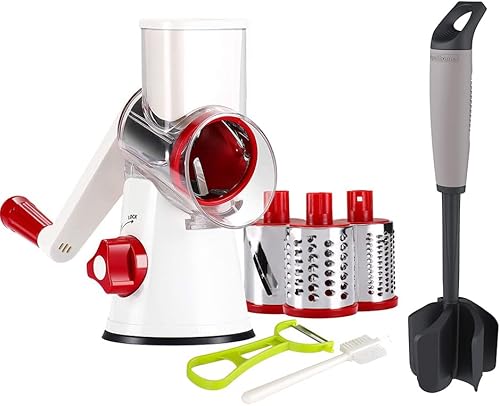Ourokhome Rallador rotativo de queso y triturador de carne de hamburguesa, rebanador redondo de alimentos con 3 cuchillas de tambor y triturador de