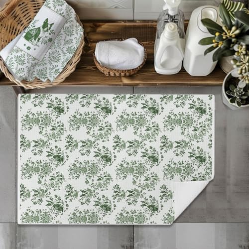 Image of Chinoiserie Boston Terrier Kitchen Towels Set of 2, Green and White Floral Dog Dish & Tea Towels 16x24 Inch, Vintage Toile Farmhouse Kitchen Bathroom Decor, Dog Lover Gifts