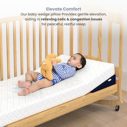 Image of Cherilo Wedge Pillow for Baby Acid Reflux | Full Size Elevated Pillow for Crib & Mattress, 28 inch x 14 inch x 3 inch | Helps Elevate Baby for Comfort | Removable Velvet Cover - Navy Blue