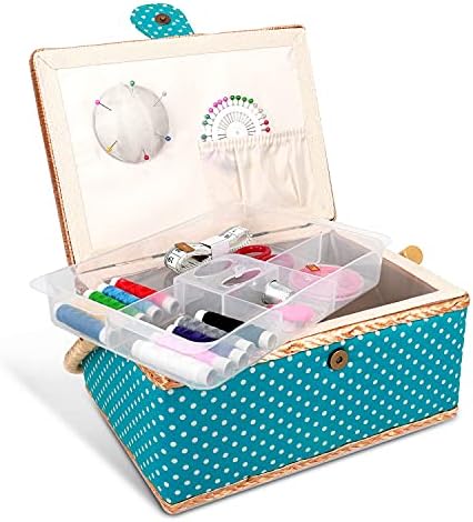 Navaris Sewing Box with Accessories - Sewing Basket with Organiser Tray Compartments 24.5 x 17.5 x 12.5 cm - Includes 76 Piece Kit - Bird Design