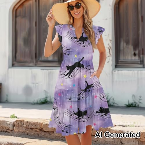Image of Women's Casual Ruffle Sleeve Dress V Neck Pullover Dress Flowy A-Line Pleated Lightweight Dress with Pockets