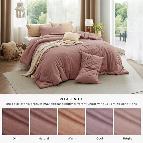 Image of Bedsure Comforter Set Queen Size - Cotton Fabric with Microfiber Inner Fill, Pink Clay PureWoven Soft Bed Set for All Seasons, 3 Pieces, 1 Comforter (90 inch x 90 inch) and 2 Pillow Cases (20 inch x 26 inch)