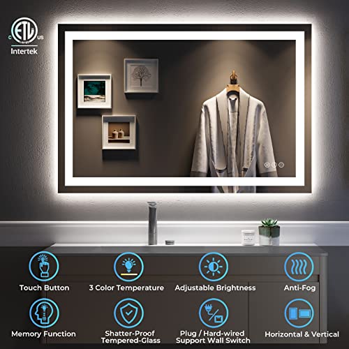 Image of 48x32 Inch LED Bathroom Mirror with Lights Front and Backlit Lighted Vanity Mirror for Bathroom Wall with 3 Colors Dimmable Anti-Fog Memory Shatter-Proof IP54 Waterproof Horizontal /Vertical