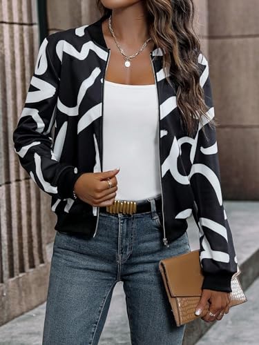 WDIRARA Women's Graphic Print Zip Front Long Sleeve Bomber Jacket Casual Outerwear4
