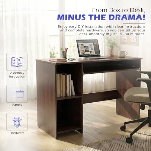 Image of 104x50x75CM Engineered Wood Study Table with Keyboard Tray & 2 Open Storage Shelves for Home, Office | Scratch & Moisture Proof Computer, Laptop Table | 1 Year Warranty- Golden Oak
