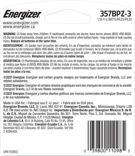 Image of Energizer 357 /303 Batteries, 1.5V Silver Oxide Button Cell Batteries, 3 Count (Pack of 5)