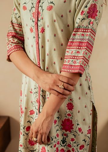 Image of Juniper Sage Green Floral Printed Viscose Kurta with Button Detailing