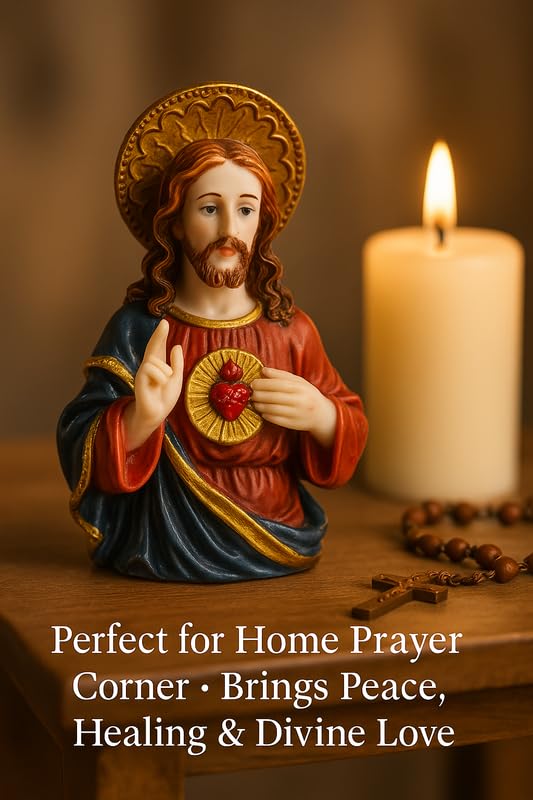 Image of Sacred Heart of Jesus Figurine | Xmas Prayer Church Idol, Glossy Marble-Look Statue for Home Decor, Car Dashboard Idol, Devotional Showpiece & Christian Festival Gift