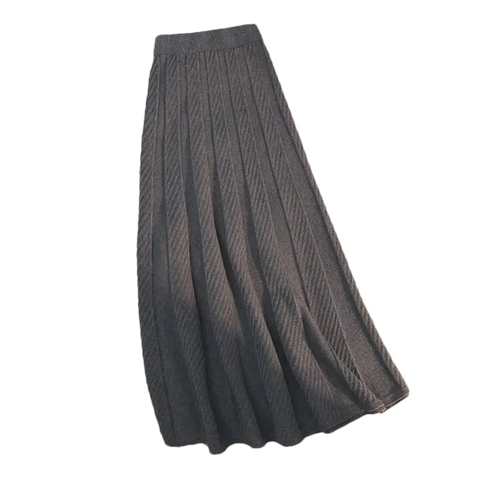 HXZASFG Falda Larga de Punto de Color Liso Elegante para Mujer, Falda Tipo suéter de Cintura Alta Gruesa de Invierno, Faldas Plisadas de Corte a para Mujer