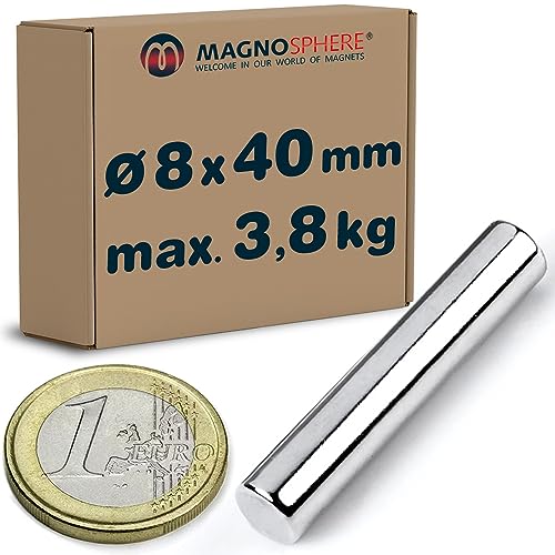 5 x Aimant cylindrique Barre magnétique ronde Ø 8 x 40 mm Néodyme N38 (NdFeB) Nickelé - Force 3,8 kg - 5 pièces - Aimants permanents de Terres Rares