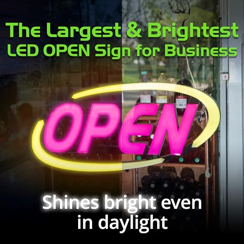 Super‑Bright LED Open Sign 15×32 in – Programmable with 64 Color Combos via App or Remote – Static, Scroll, Flash & Phase Modes – Daylight Visible Electric Sign