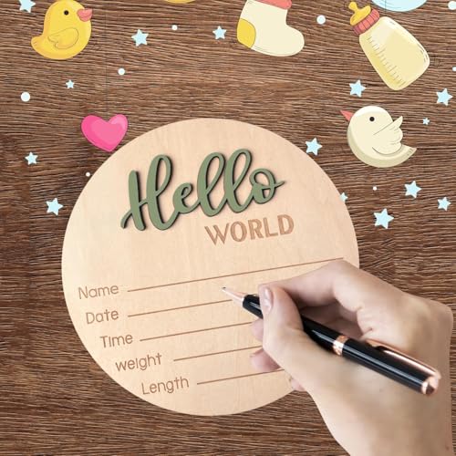 Image of Baby Announcement Sign, ​5.9 Inch Wooden Hello World Newborn Signs, Birth Announcement Sign, Baby Shower Hospital Nursery for Newborn Boys and Girls (Forest Green)