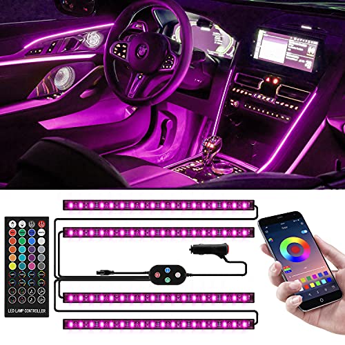 Sumkyle LED Interior Car Lights, APP Control Smart Car Lights with DIY & Music Mode Waterproof Interior Car Lights with 4 Lines Design, RGB Under Dash Car LED Lights with Car Charger, DC 12V