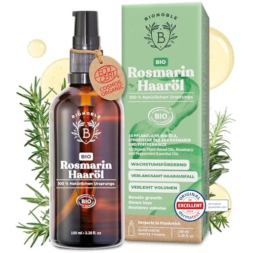 BIONOBLE Rosmarinöl Haare Bio - Fördert Haarwachstum, Verlangsamt Haarausfall, Kopfhaut Öl - Hair Oil mit Rosmarin Öl und Rizinusöl - Rosemary Oil for Hair Growth - Glasflasche, Pipette, Pumpe - 100ml