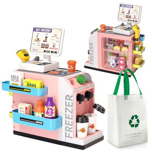 Jovow 48-Piece Pretend Play Cash Register Toy Set with Water Outlet Function - Calculator, Shopping Bag, Scanners, Credit Cards, Coffee Machine, Play Food - Gift for Boys and Girls Ages 3+（Pink）