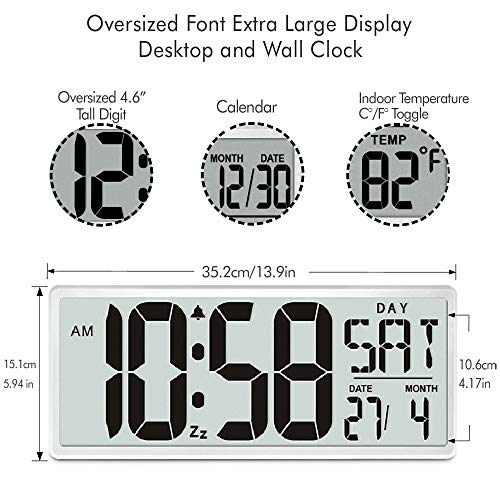 TXL Jumbo Digital Alarm Clock, Large LCD Display Timer/Calendar/Temperature/Snooze/12-24H, Energy Saving Battery Operated Extra Large Digital Wall Clock, Desk Clock for Bedside Office Gym Hotel,Silver - Thumbnail 5