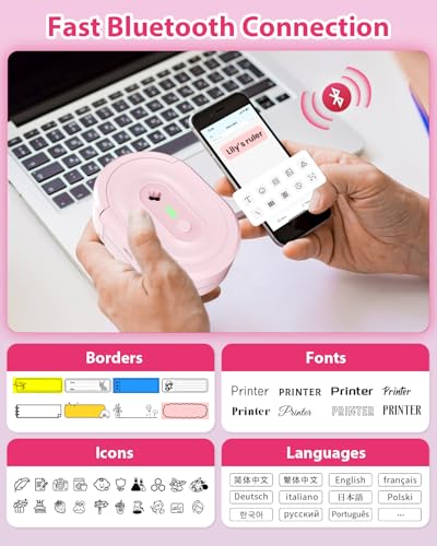 Image of Label Maker Machine with Tape, N12 Portable Bluetooth Label Printer, Wireless Mini Label Makers Thermal Sticker with Multiple Templates for Home, Kitchen, School, Office Organization, Pink