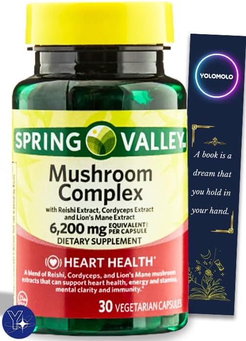 Complejo de hongos Spring Valley Suplemento dietético, 6,200 mg de porción equivalente, 30 cápsulas vegetarianas y marcador de regalo de YOLOMOLO