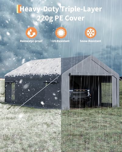 13x25 Ft Carport with 10 Sandbags, Car Port with 220g PE Tarp, 2 Roll-Up Doors, and 4 Windows, for Full-Size Pickups, Bass Boats, Tractors, and SUVs, Gray