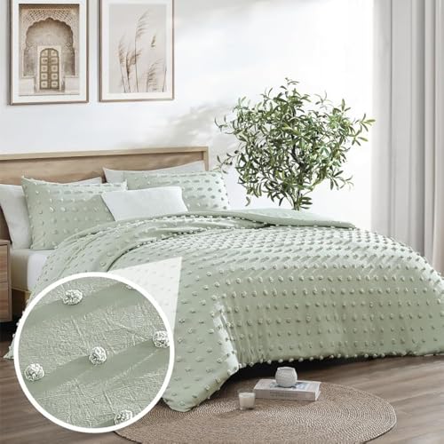 Image of Swift Home King Sage Comforter Set - Decorative Tufted Pom Poms Bedding Set - 3 Pieces Bed Linen, 1 Comforter and 2 Pillow Shams