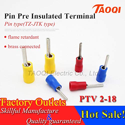 Davitu 1000pcs/pack PTV2-18 Pin shape Pre Insulated Terminal Cable Wire Connectors Electrical Crimp Terminals Cold pressed Terminals - (Color: Red)