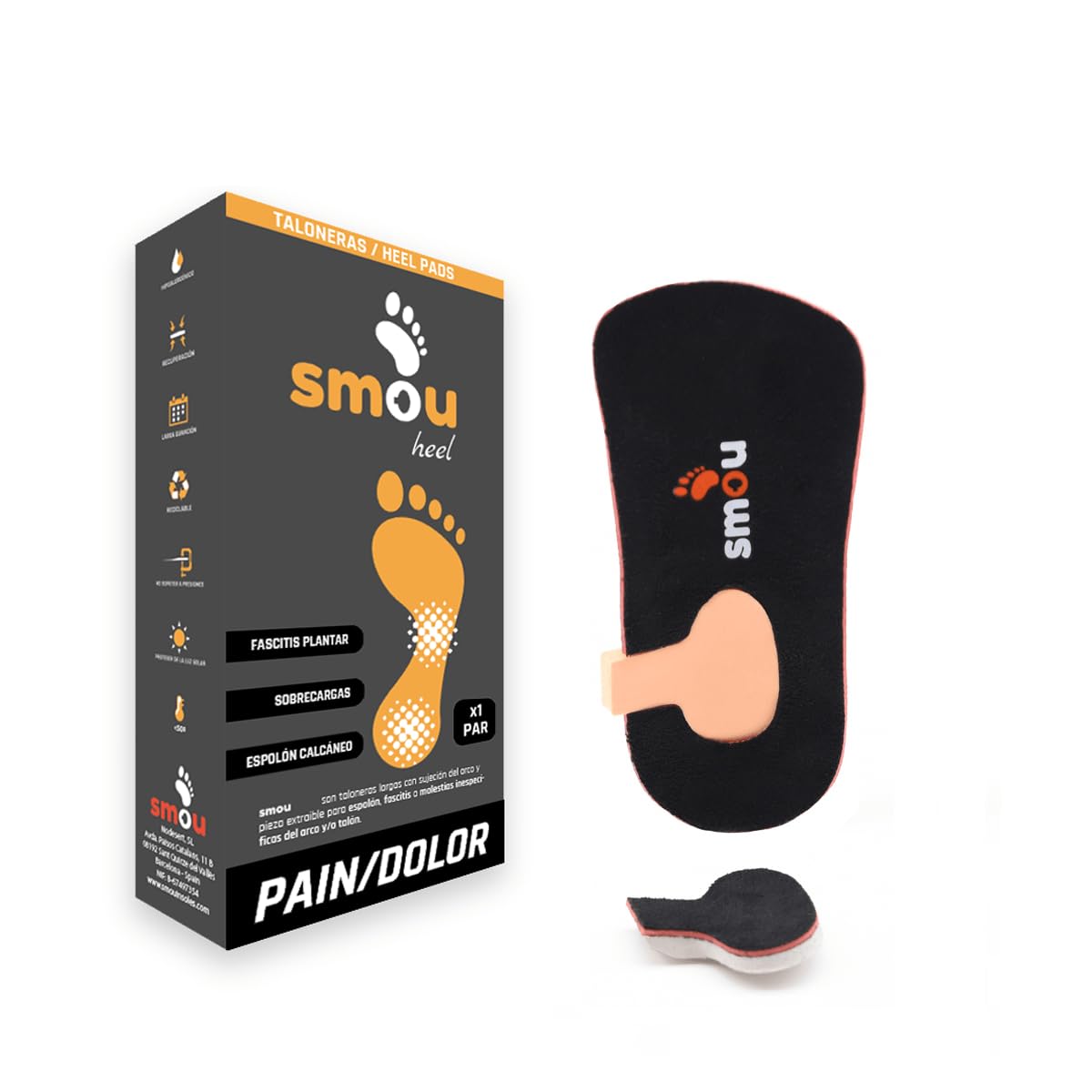 SMOU HEEL Plantilla Ortopédica corta/Talonera para Fascitis plantar y Espolón Calcaneo Hombre y Mujer | Soporte en el arco | Alivio de dolor en Talón | Patentado por Ortopedistas | 22 cm