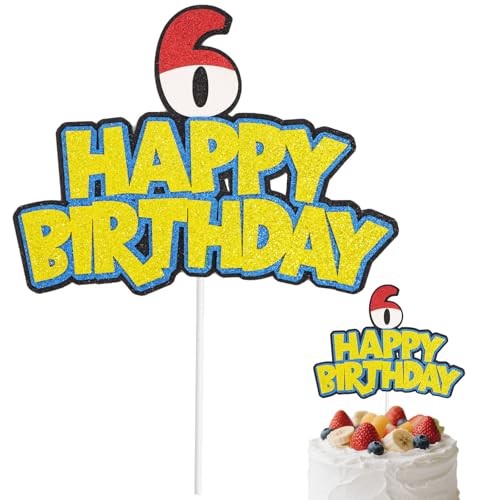 Cartoon Birthday Cake Topper Glitter Red White Number and Happy Birthday Sign Cake Decoration Anime Theme Party Decorations Supplies (Number 6)