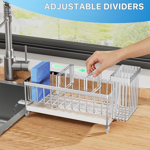 Image of Cisily Sponge Holder for Kitchen Sink, Sink Caddy Organizer with High Brush Holder, Kitchen Countertop Organizers and Storage Essentials, Rustproof 304 Stainless Steel (Silver, 9.25″)