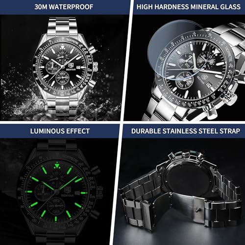 Image of BY BENYAR Amazon Men's Waterproof Date Sport Work Minimalist Classic Analog Chronograph Wristwatch with Leather Band ( Silver Black)