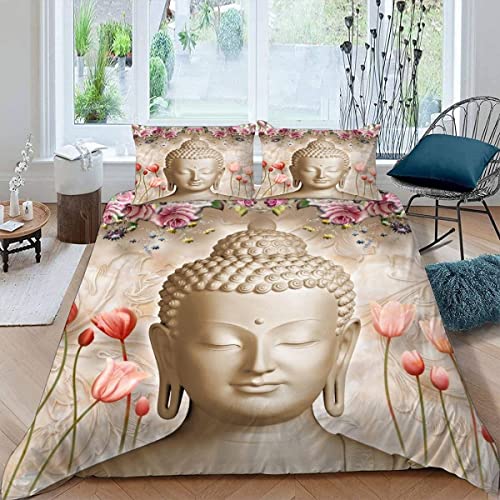 TAOLU Housse de Couette 220x240 Zen 3D Imprimé Parure de lit Adultes Religion Statue Housse de Couette en Microfibre avec Fermeture Éclair avec 2 Taies d'oreiller 50x75