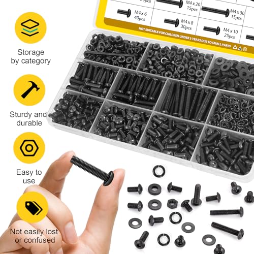 Image of 660PCS M4 Screws with Nuts Assortment Kit, M4-0.7 x 6 /8 /10 /12 /16 /20 /30 mm Hex Button Head Cap Bolts, Nuts & Washers Assorted Set - Grade 10.9 Alloy Steel Machine Screw, Black Zinc Plated