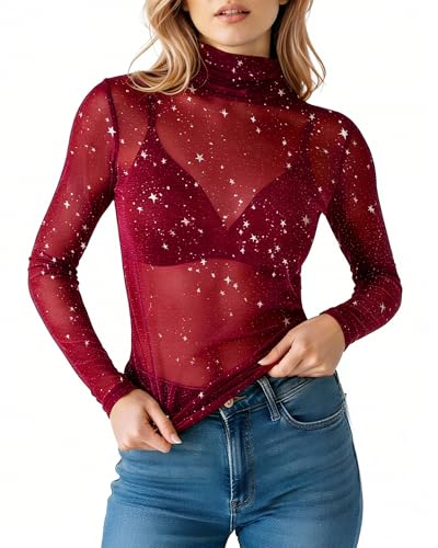 Image of MANGOPOP Women's Long Sleeve /Short Sleeve Glitter Sheer Mesh Tops T Shirt Blouse Clubwear, 1111 (Red), XXL