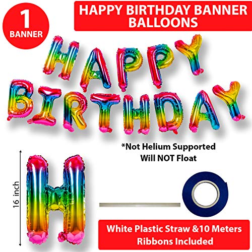 Collect Present Rainbow Birthday Party Decorations for Girls and Boys – Inflatable Happy Birthday Banner with 20 Party Hats and 20 Party Blowers – Includes Inflation Straw and Hanging Ribbon