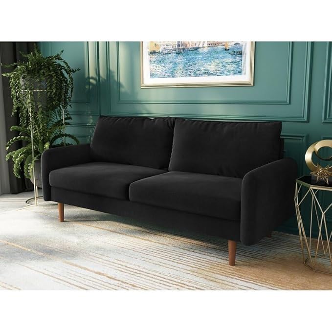 Image of Morrone Velvet Loveseat 3-Seater Sofa, Modern Upholstered Couch for Living Room, Bedroom and Office, Plush Cushion Accent Seating Furniture (Black, 3 Seater)