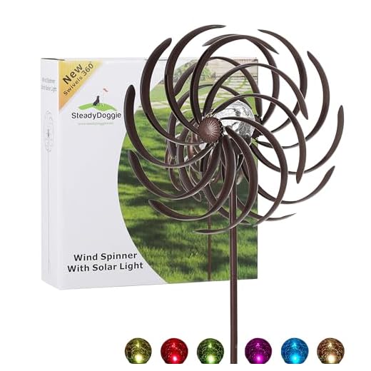 Solar Wind Spinner Willow Leaves-Improved 360 Degrees Swivel Multi-Color LED Lighting Solar Powered Glass Ball with Kinetic Wind Spinner-Metal Sculpture Construction-Outdoor Yard Lawn & Garden
