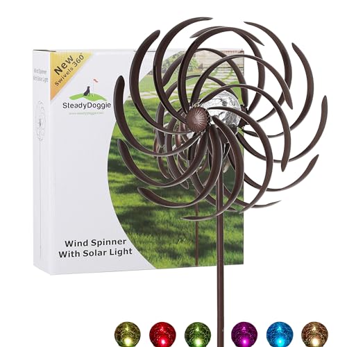 Steady Doggie Solar Wind Spinner Willow Leaves - 6.3 ft LED Lighting Solar Powered Metal Spinner for Yard and Garden Decor - Outdoor Kinetic Wind Sculpture for Lawn with 360° Swivel Design