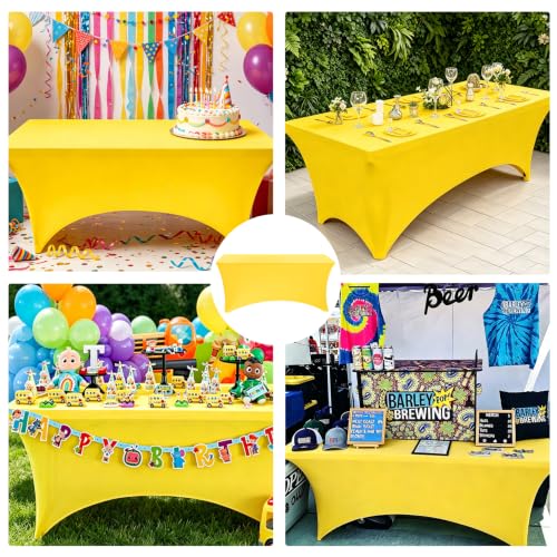 Image of 2 Pack 6FT Spandex Table Covers Washable Wrinkle Resistant Fitted Rectangle Tablecloth for Folding Table Wedding Party Birthday Banquet Bar Events (Yellow, 72 inch L x 30 inch W)