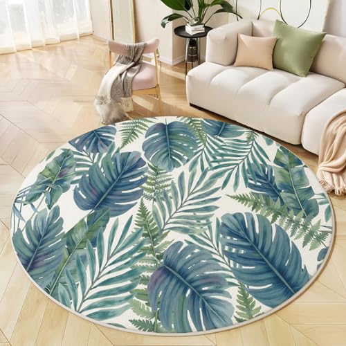 Tapis rond 160cm poil ras bleu-vert style jungle aquarelle - 4