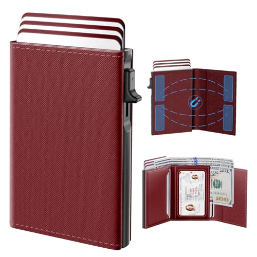 typecase Womens Wallet Card Holder: Pop Up Card Case, Genuine Leather, RFID Blocking, Slim, Minimalist, Thin, Small Size - 9-14 Card Capacitiy, ID Window, Cash Pocket (Merlot Red)