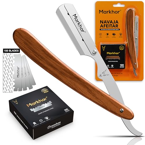 MARKHOR Navaja Afeitar Profesional Para Hombre Con 100 Cuchillas De Afeitar, Madera de Rosa Navaja De Afeitar Barbero Clásica, Kit Barba Premium