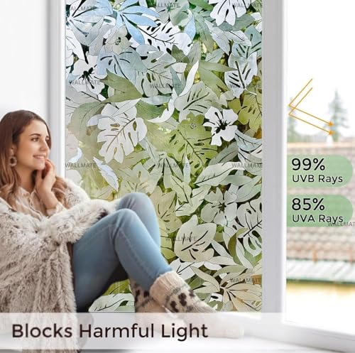 Image of WALLMATE Window Privacy Film Frosted Vinyl Glass Covering, UV Blocking, Non-Adhesive, No-Glue, for Bathroom Living Room Office,(24x100 Inch, Plam Leaf)