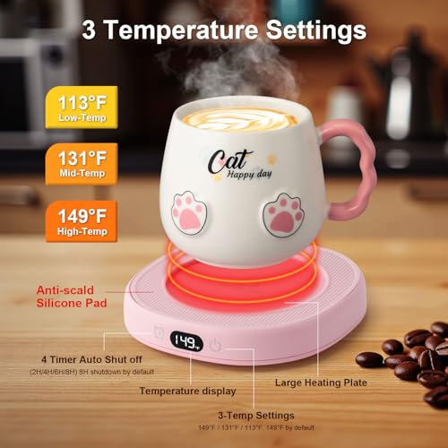 Image of Bsigo Smart Coffee Mug Warmer & Cute Cat Mug Set, Coffee Beverage Cup Warmer for Desk Home Office, Candle Warmer Plate for Cocoa Milk Tea Water with 3 Temperature Up to 149℉ / 65℃, 8 Hour Auto Shut Off